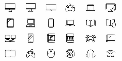 Modern technology icons for digital communication, gaming, education, and entertainment, perfect for web design and user interface elements