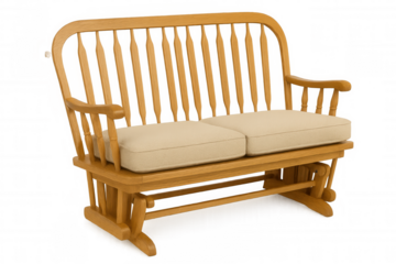 Wooden glider bench with beige cushions, classic furniture for home interior and relaxation