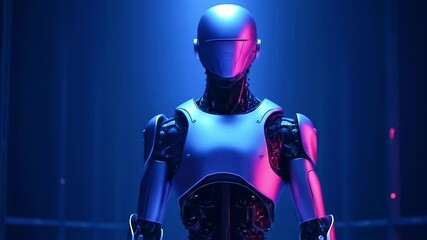 Futuristic humanoid robot stands in a neon-lit environment, showcasing advanced technology and design - Powered by Adobe