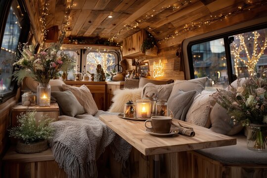 Cozy Camper Van Interior with Warm Lighting and Festive Decor