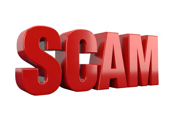Image of super premium transparent photo of the word scam in large, bold red 3d letters, representing fraud and deception, isolated on transparent background
