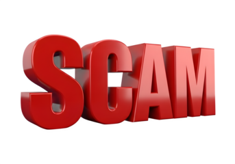 Image of super premium transparent photo of the word scam in large, bold red 3d letters, representing fraud and deception, isolated on transparent background