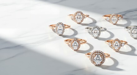 Elegant collection of diamond engagement rings in various settings on a luxurious white marble surface with natural light and shadows, symbolizing love and commitment.