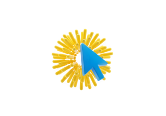 Image of super premium transparent photo of a blue computer cursor arrow pointing at a yellow dandelionlike object, isolated on transparent background