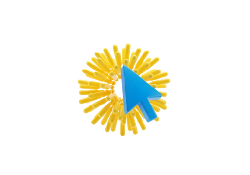 Image of super premium transparent photo of a blue computer cursor arrow pointing at a yellow dandelionlike object, isolated on transparent background