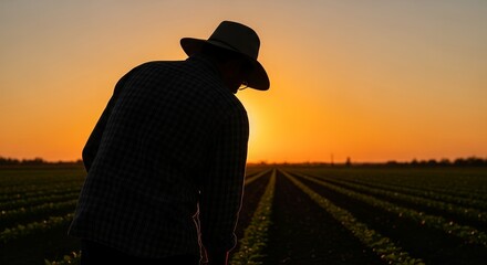 Silhouette of a dedicated farmer working in a vast agricultural field during a beautiful golden sunset, emphasizing hard work and farming lifestyle.