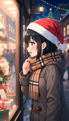 クリスマスの町中、ショーウィンドウの中のグッズに顔を近づけ笑いながら眺めている女子高生
