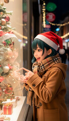 クリスマスの町中、ショーウィンドウの中のグッズに顔を近づけ笑いながら眺めている女子高生