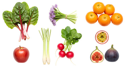 Fresh assorted fruits and vegetables including oranges, figs, radishes, apple, scallions, Swiss chard, and a bunch of flowers on a white background, perfect for healthy eating or cooking