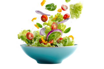 Fresh and vibrant salad ingredients exploding from a teal bowl against a transparent background