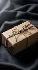 Beautifully wrapped rustic gift box with natural twine and lavender on dark fabric, perfect for special occasions and thoughtful presents.