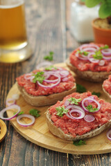 Traditional German sandwiches with minced meat Mettbroetchen	