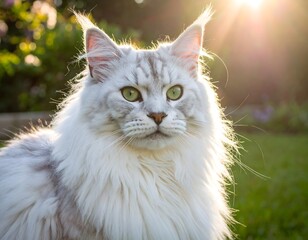 A majestic silver Maine Coon cat with long fluffy fur and green eyes sits in a sunlit garden at sunset.