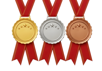 Image of super premium transparent photo of three award medals, gold, silver, and bronze, with red ribbons, isolated on transparent background