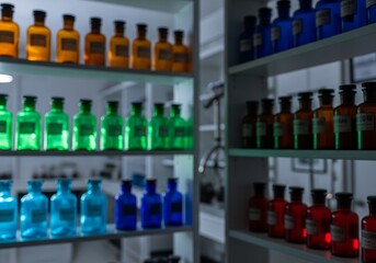 Blurred background of shelves lined with vibrant colored glass bottles, evoking a sense of ancient apothecary, laboratory, or vintage pharmacy.