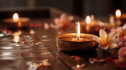 Spa candles floating in water with flower petals creating peaceful atmosphere for wellness relaxation therapy. Aromatherapy treatment setup for meditation and healing.Retry