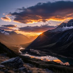 Breathtaking mountain and lake landscape at sunset, featuring dramatic skies, a serene reflective lake, and golden light over majestic peaks.