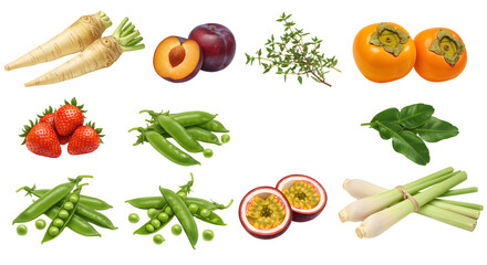 Fresh assorted fruits and vegetables including parsnips, plums, strawberries, persimmons, and passion fruit, perfect for healthy eating and cooking