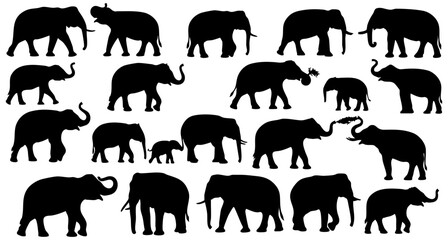 Simple Flat Black Shape Elephant Silhouette Large Set Animal Icon