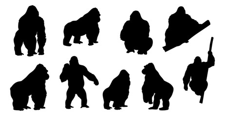 Silhouette Illustration of a Majestic Gorilla in Various Poses Animal Illustration