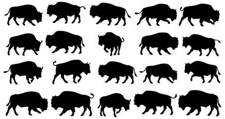Silhouette Diverse Buffalo Herd Group Walking Sequence Animal Illustration