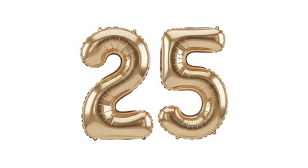 Golden Metallic Foil Balloon Number 25, Isolated on Transparent Background for Celebration, Birthday, or Anniversary Decorations