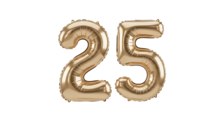 Golden Metallic Foil Balloon Number 25, Isolated on Transparent Background for Celebration, Birthday, or Anniversary Decorations