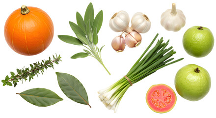Fresh green apples, pumpkin, garlic, spring onions, herbs and guava isolated on white background, healthy fresh ingredients for cooking and recipes