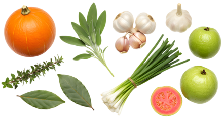 Fresh green apples, pumpkin, garlic, spring onions, herbs and guava isolated on white background, healthy fresh ingredients for cooking and recipes