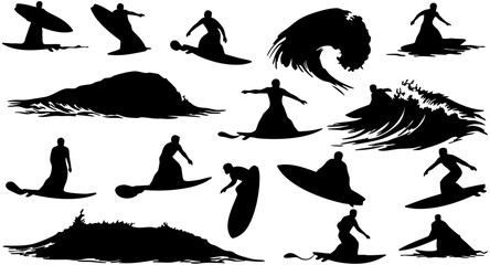 Silhouette Collection of Surfer Man Riding a Surfboard on a Wave