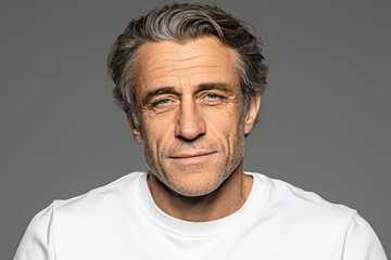 Fototapeta premium Mature man with silver hair confidently gazing at the camera showcasing wisdom and experience illuminated by soft studio lighting against a subtle gray backdrop expressing authenticity and
