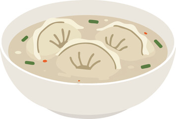 A close-up illustration of a bowl of soup with three dumplings floating inside.