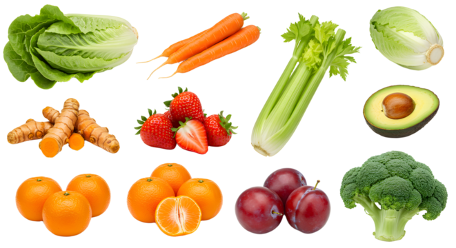 Fresh assortment of fruits and vegetables including lettuce, carrots, celery, avocado, turmeric, strawberries, oranges, plums, and broccoli on white background, perfect for healthy eating