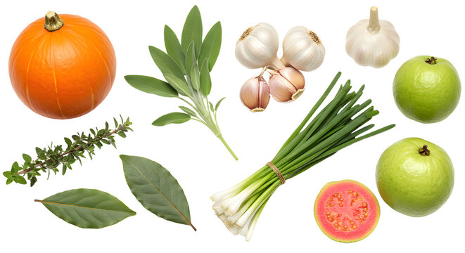 Fresh green apples, pumpkin, garlic, spring onions, herbs and guava isolated on white background, healthy fresh ingredients for cooking and recipes