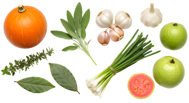 Fresh green apples, pumpkin, garlic, spring onions, herbs and guava isolated on white background, healthy fresh ingredients for cooking and recipes