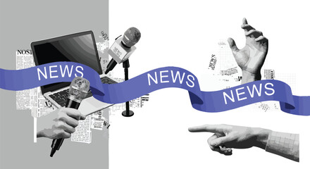Collage depicting news gathering and dissemination, with microphones, a laptop, hands, and a ribbon with the word "NEWS" flowing through.
