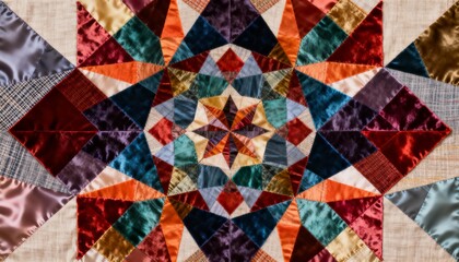 Fototapeta premium Colorful geometric silk quilt pattern, abstract kaleidoscope textile design