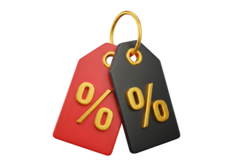 Image of super premium transparent photo of two discount tags with percentage symbols, one red and one black, isolated on transparent background