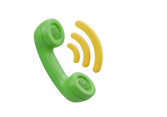 Image of super premium transparent photo of a green telephone handset with yellow sound waves emanating from it, isolated on transparent background