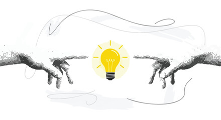 Artistic depiction of two hands nearly touching a glowing lightbulb, symbolizing an idea.