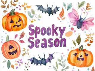 A cute Halloween design with pumpkins, bats, and flowers on a white background