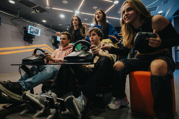 Dynamic scene of friends competing in a virtual racing game, portraying fun, competition, and camaraderie within an engaging modern setting.