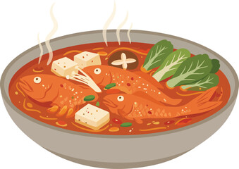 A steaming bowl of spicy fish stew with tofu, mushrooms, and greens, presented in a grey ceramic dish.