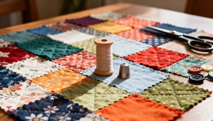 Fototapeta premium Patchwork quilt assembly with thread, thimble, buttons and scissors