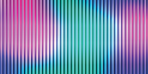Trendy color horizontal background of ribbed glass effect. Iridescent plastic texture with striped overlay. Gradient banner with holographic texture. Vector illustration.