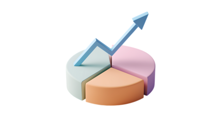 3d pie chart with upward trending arrow isolated on transparent background.