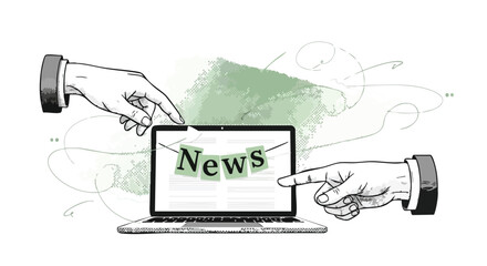 Two hands interacting with a laptop displaying the word "News" on its screen, symbolizing digital information sharing and communication.