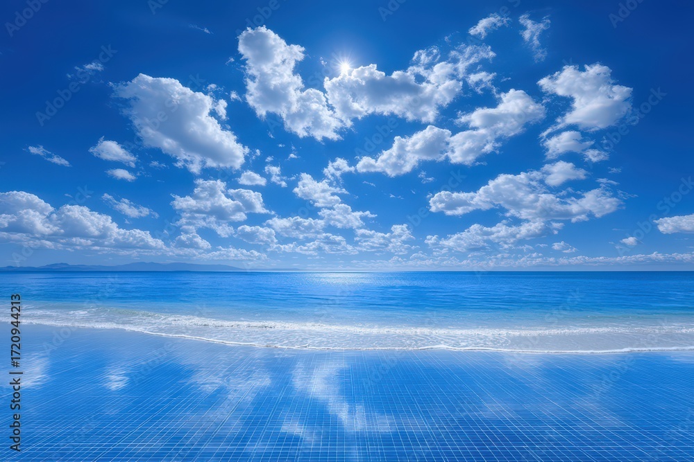 Poster serene coastal panorama reflecting azure skies and gentle waves creating an enchanting interplay of 