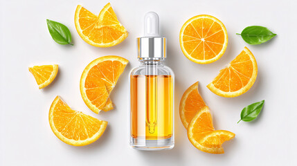 Bright Citrus Essential Oil With Fresh Orange Slices and Green Leaves on a White Background Showcasing Vibrant Colors and Natural Beauty