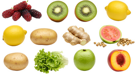 Fresh assorted fruits and vegetables collection with lemons, kiwi, peach, guava, potatoes, lettuce and ginger, perfect for healthy eating or cooking